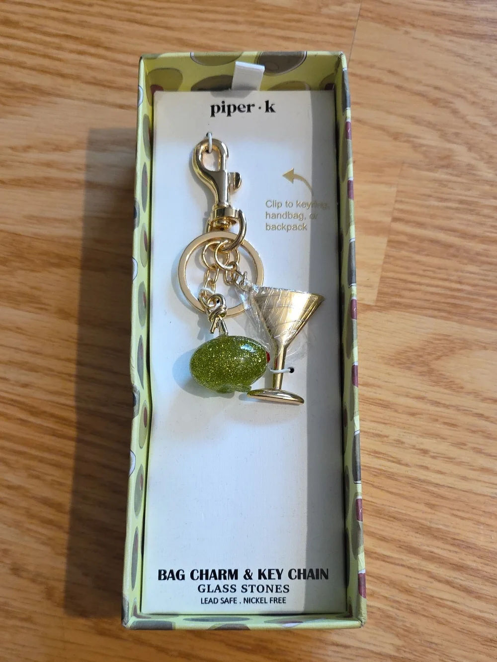 piper•k Gold Martini & Olive Bag Charm Key Chain